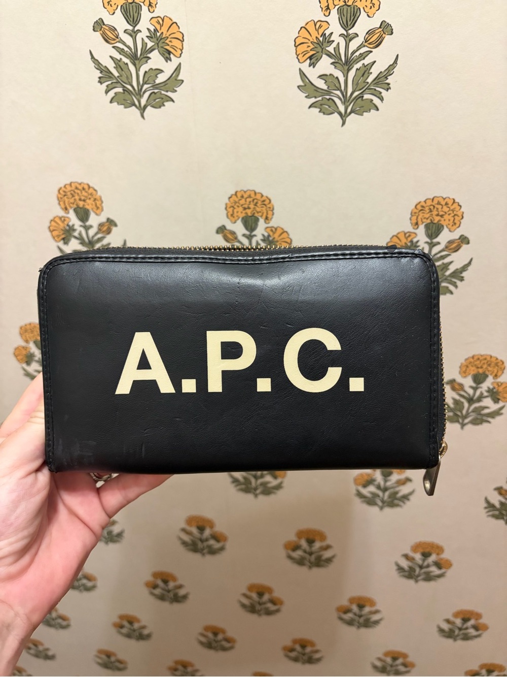 A.P.C. Black Leather Zip Wallet with Cream Logo